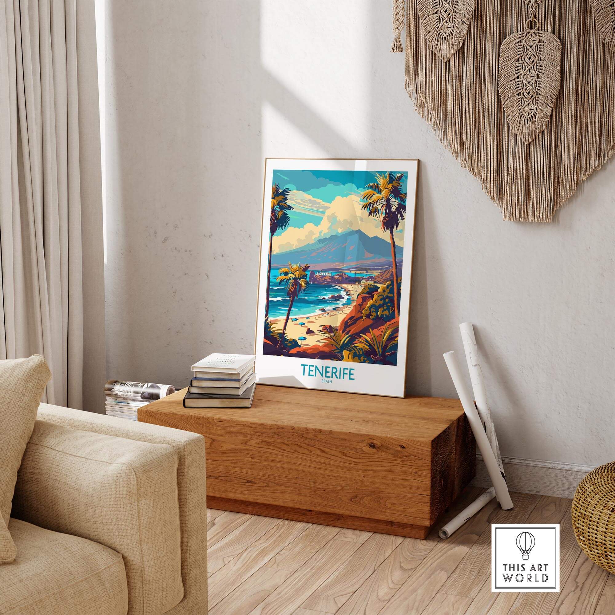 Tenerife Poster - Canary Islands displayed in a cozy living room setting with palm trees and mountains.