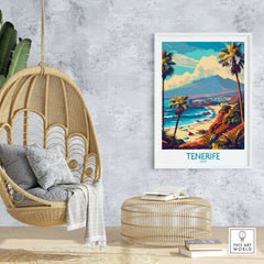 Tenerife Poster - Canary Islands displayed in a stylish room with a cozy chair and modern decor.