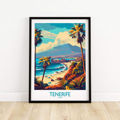 Tenerife Poster - Canary Islands showcasing beautiful coastal landscape and palm trees in vibrant colors.