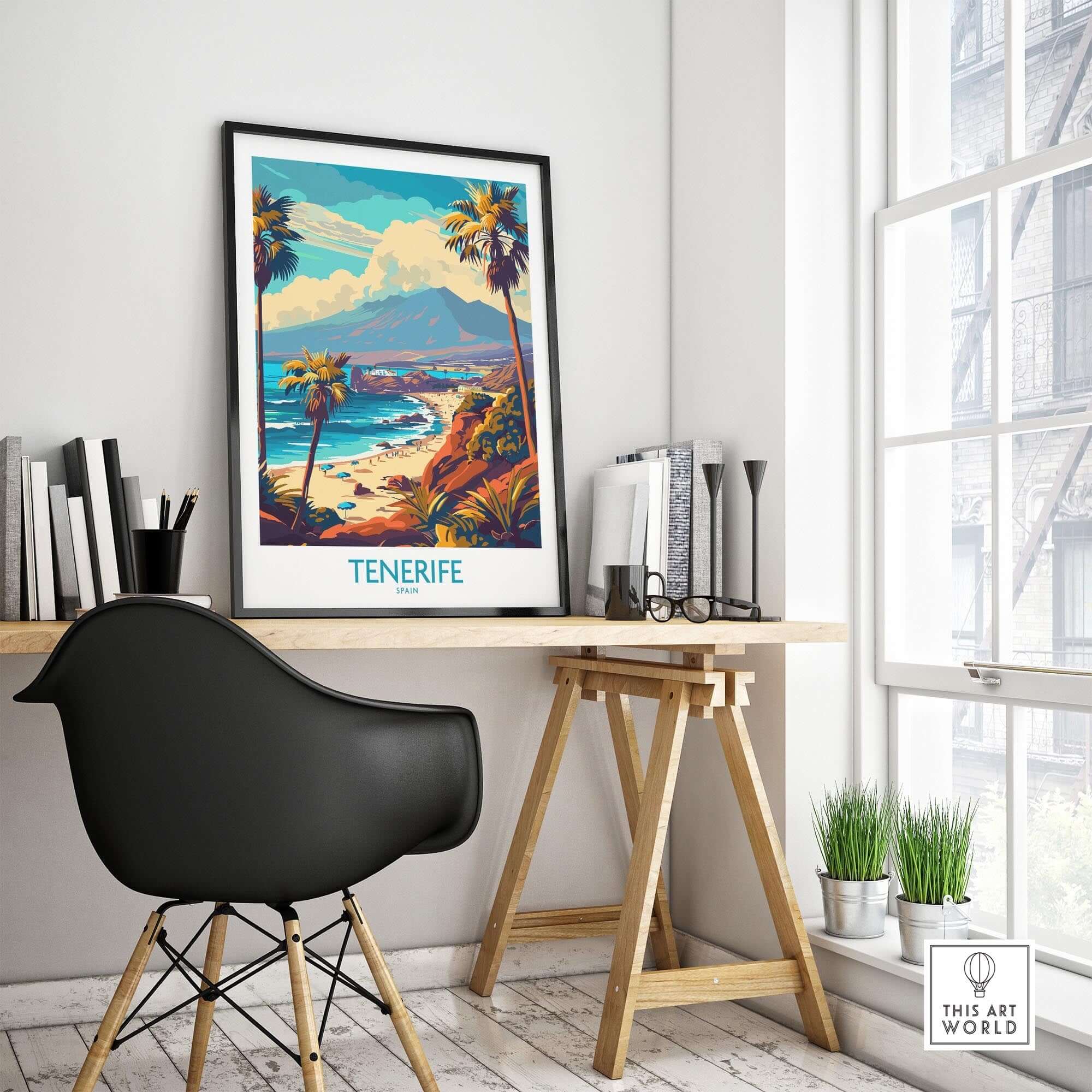 Tenerife Poster - Canary Islands displayed in a stylish interior, showcasing vibrant landscapes and island charm.