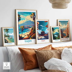 Tenerife Poster - Canary Islands among framed travel prints showcasing various scenic destinations.