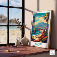 Tenerife Poster - Canary Islands displayed on a windowsill with a beach view, showcasing vibrant tropical landscapes.