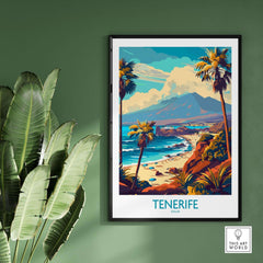 Tenerife Poster - Canary Islands displayed on a wall with tropical plants, showcasing vibrant island landscapes.