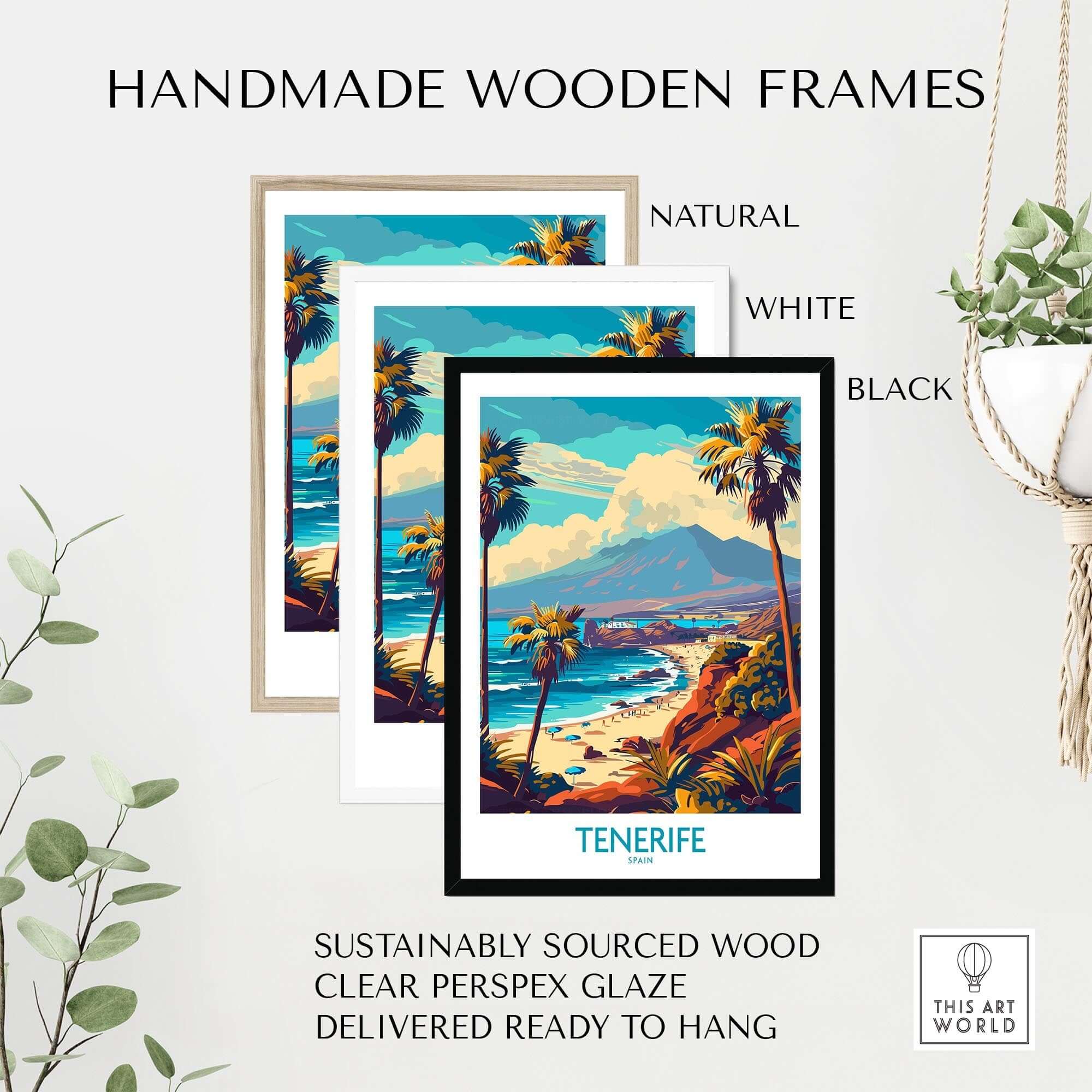 Tenerife Poster - Canary Islands with handmade wooden frames in natural, white, and black finishes.