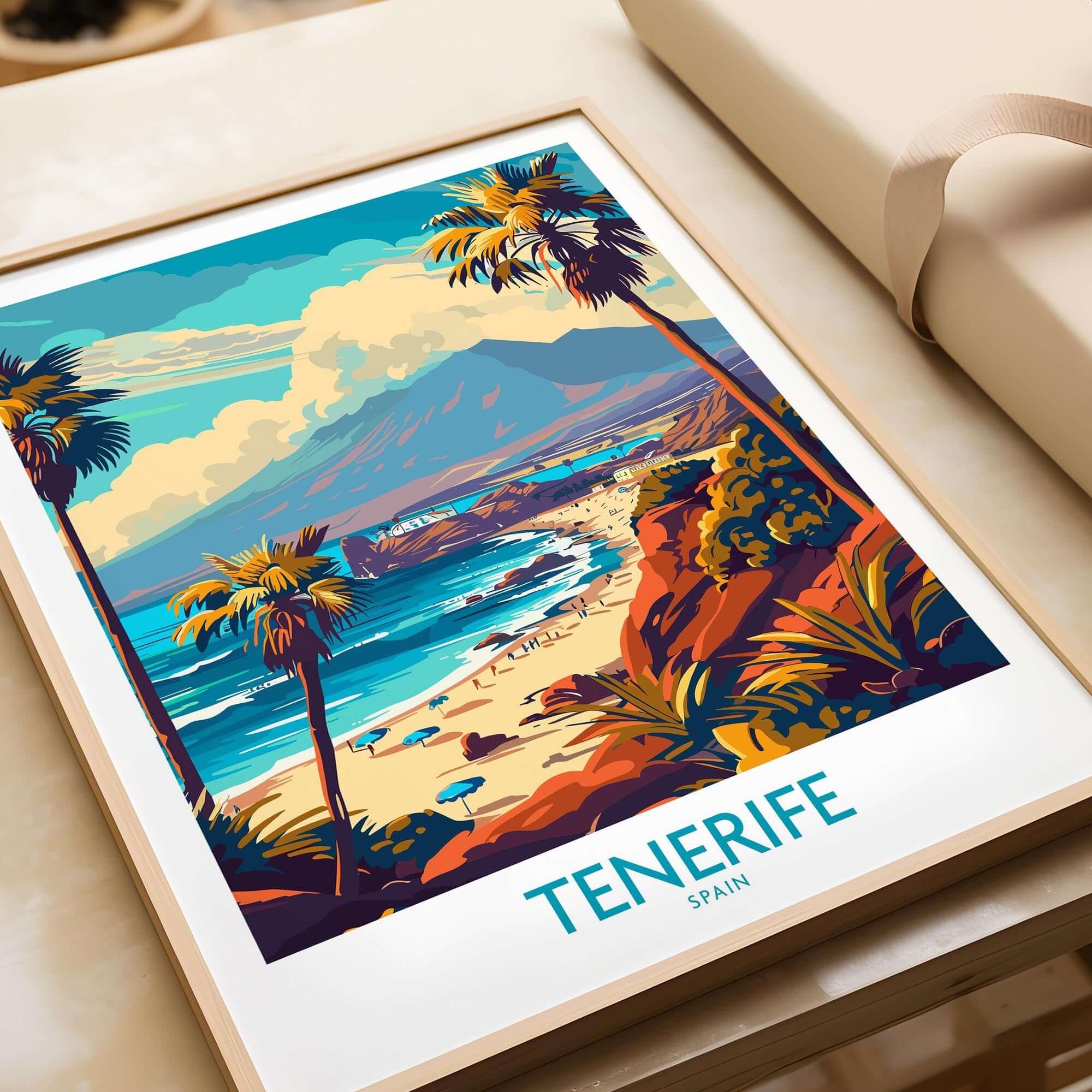 Tenerife Poster - Canary Islands showcasing vibrant landscapes and palm trees in a framed print