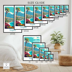 Tenerife - Poster Print size guide with various dimensions displayed in a cozy interior setting.