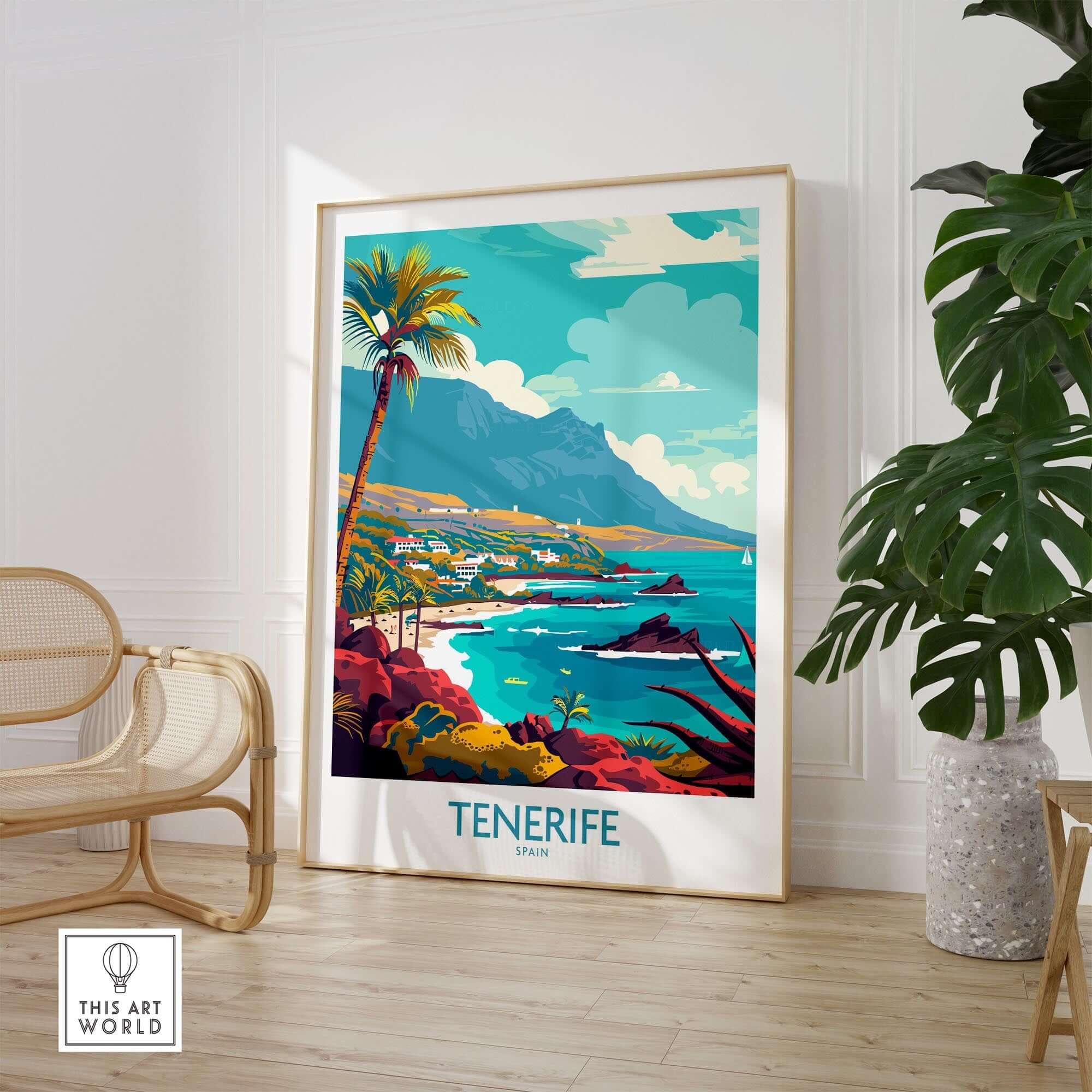 Tenerife - Poster Print showcasing vibrant tropical landscape with mountains and coastline, perfect for home decor.