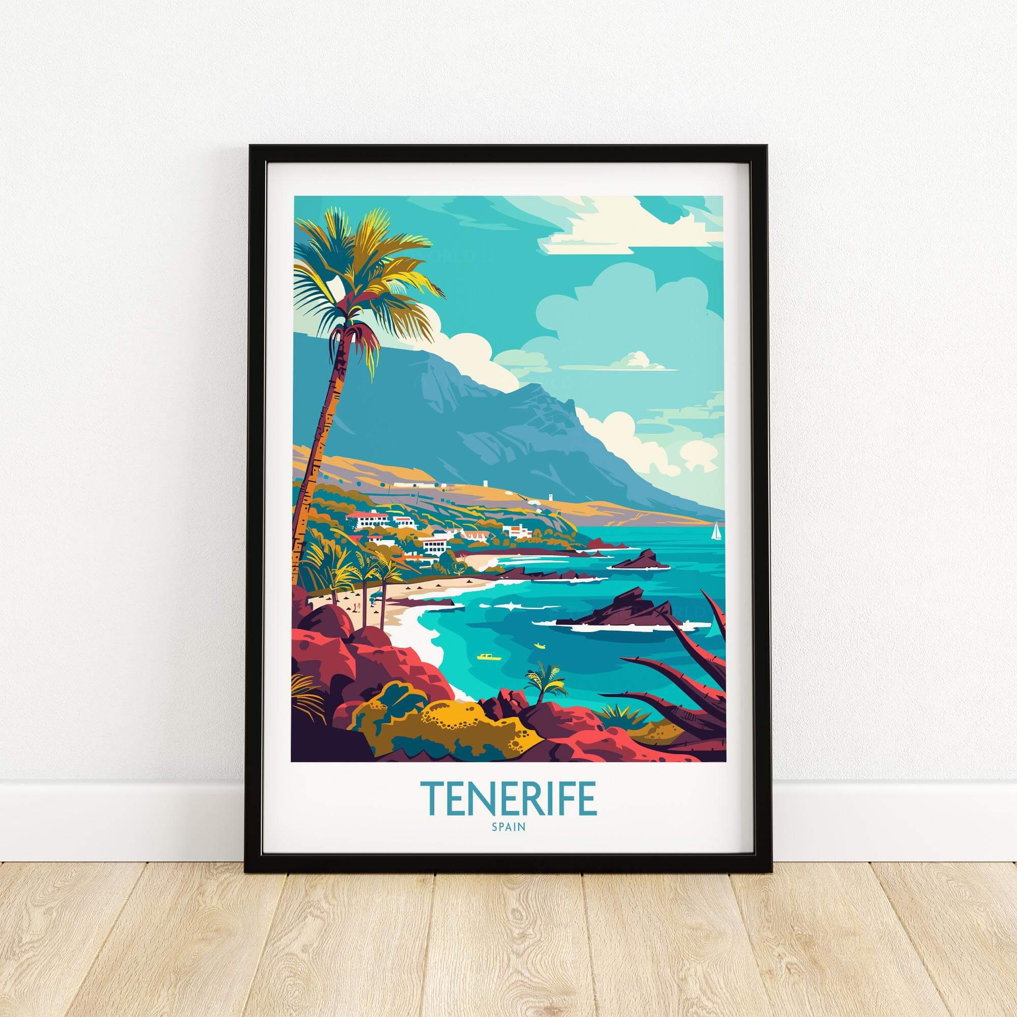 Tenerife - Poster Print featuring vibrant coastal landscape and lush palm trees in a framed design.