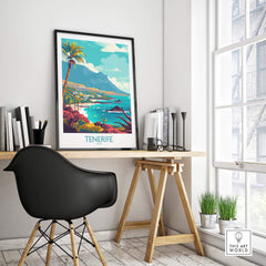 Tenerife - Poster Print on a desk in a modern room, showcasing vibrant tropical scenery and landscapes.