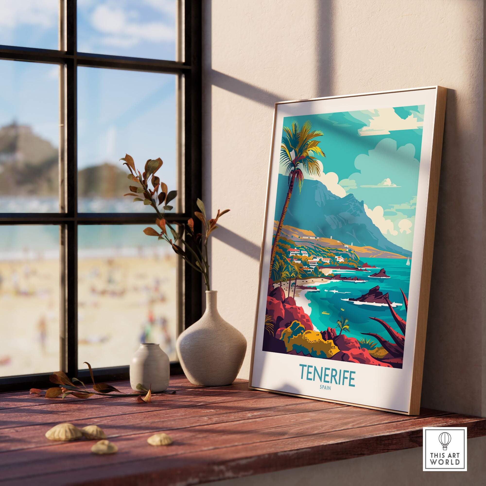 Tenerife - Poster Print featuring a vibrant tropical landscape by a window, enhancing any room's decor.