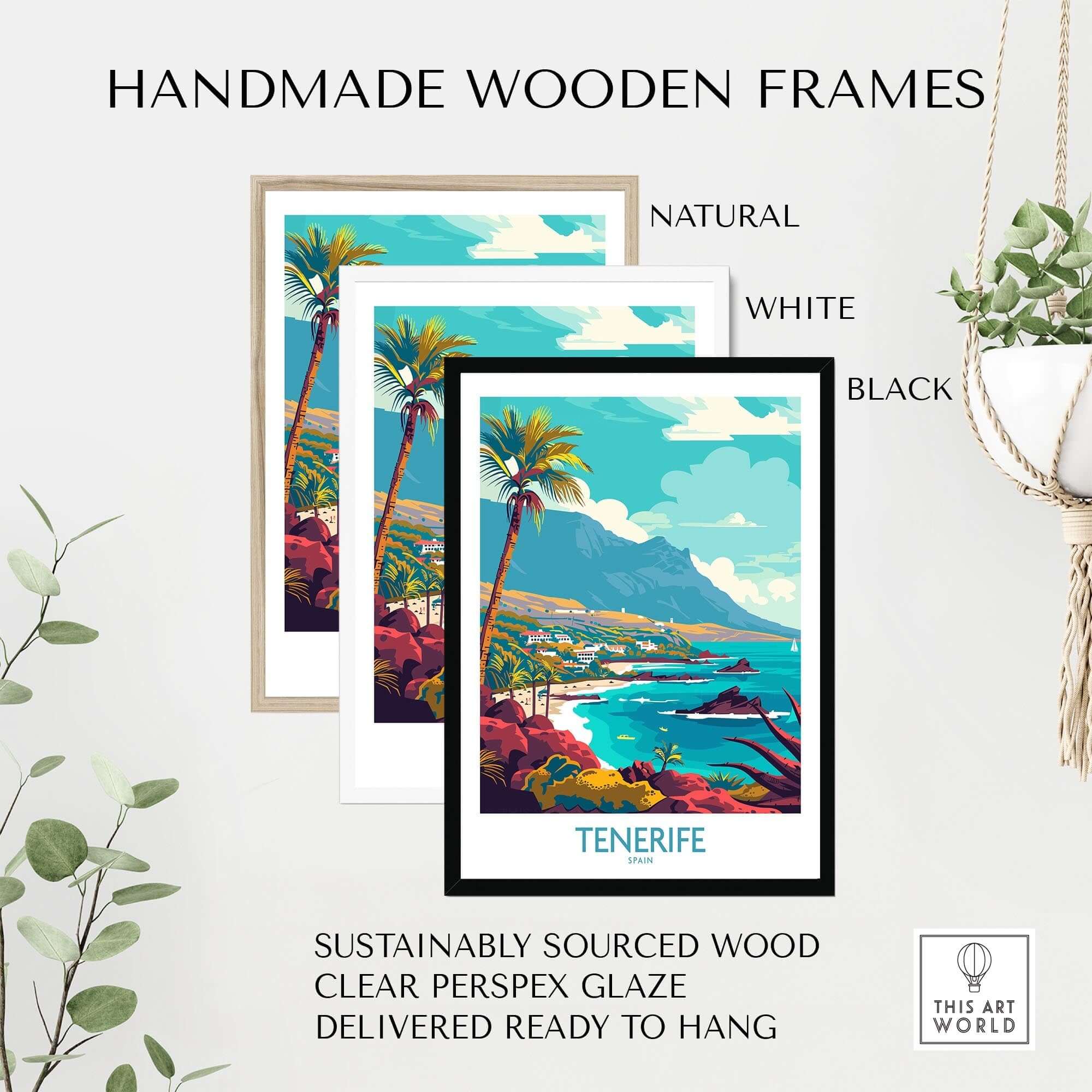 Tenerife - Poster Print displayed in handmade wooden frames with natural, white, and black options.