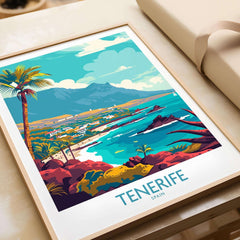 Tenerife - Poster Print showcasing a vibrant landscape of Tenerife, Spain with palm trees and scenic views.