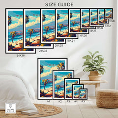 Size guide for Tenerife Print - Canary Islands wall art with various frame sizes for home decor.