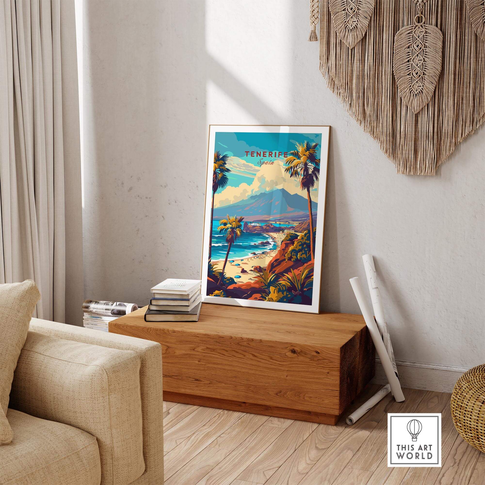 Tenerife Print - Canary Islands displayed in a stylish living room setting, showcasing the beauty of the Canary Islands.