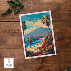 Tenerife Print - Canary Islands showcasing tropical scenery with palm trees and mountains in a vibrant art style.