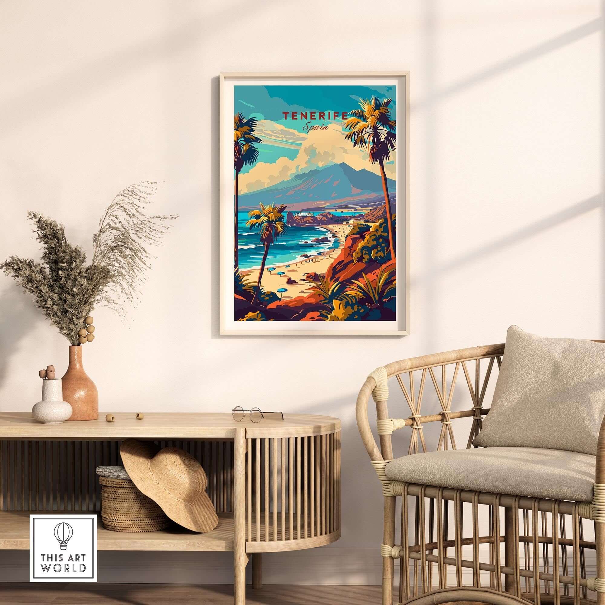 Tenerife Print - Canary Islands displayed in a stylish living room setting with tropical decor.