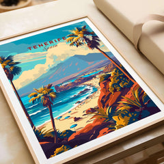 Tenerife Print - Canary Islands depicting vibrant beach scene and palm trees in colorful design.