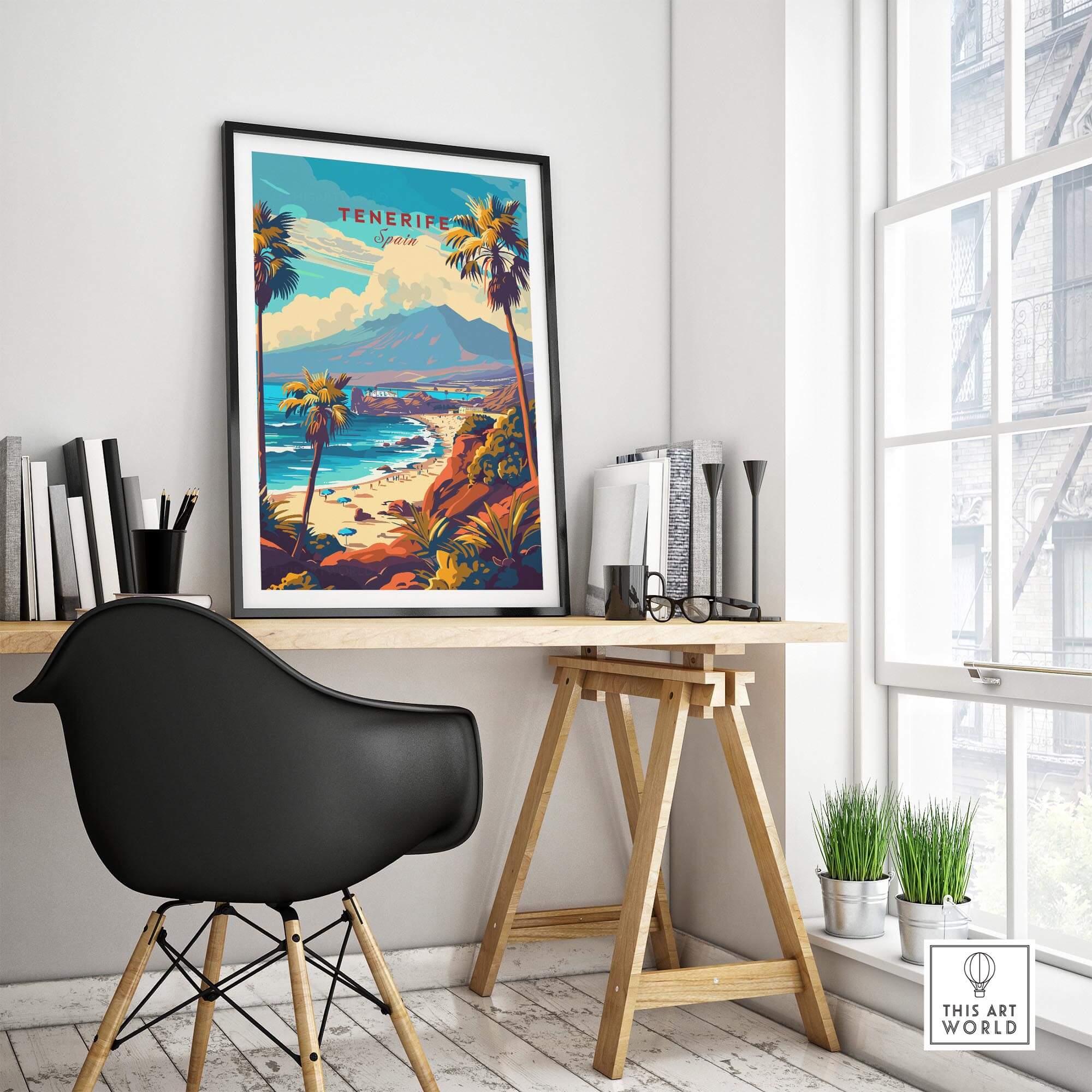 Tenerife Print - Canary Islands displayed in a bright office setting with tropical decor.