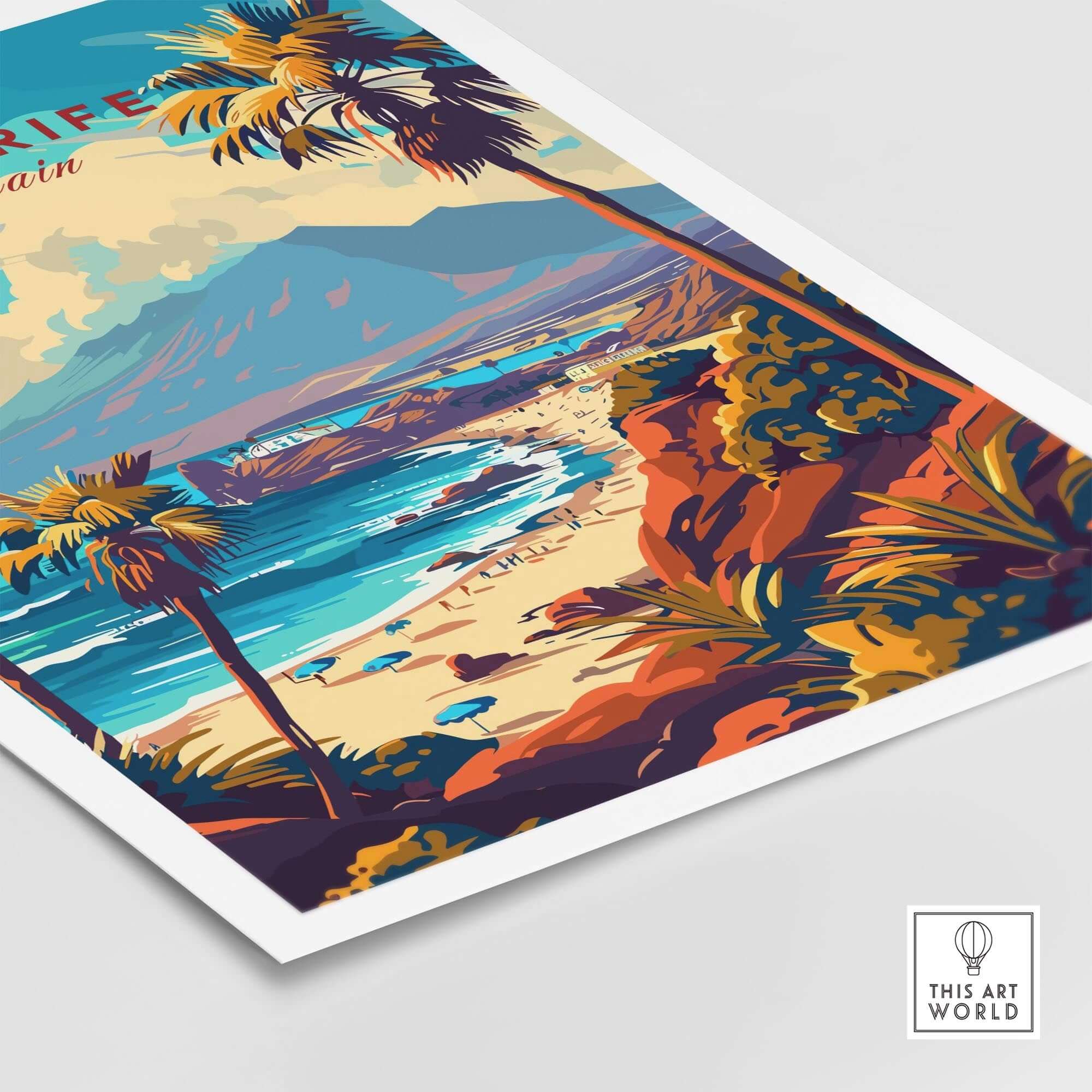 Tenerife Print - Canary Islands showcasing a vibrant beach landscape with palm trees and mountains.