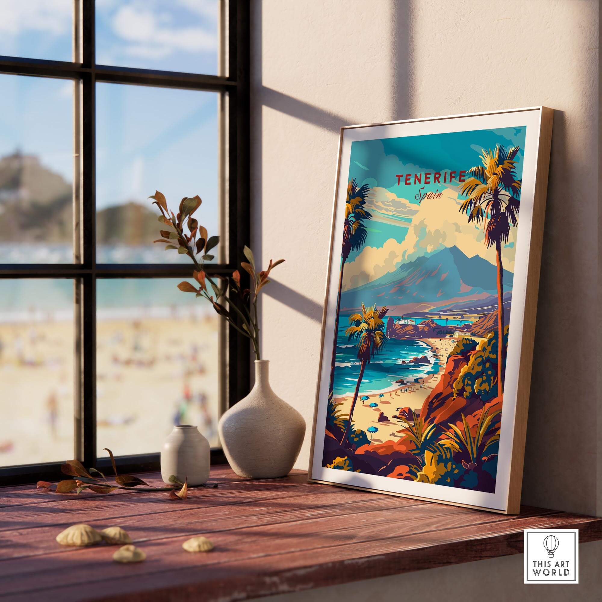 Tenerife Print - Canary Islands displayed in a bright room with a view of the beach, showcasing tropical scenery.