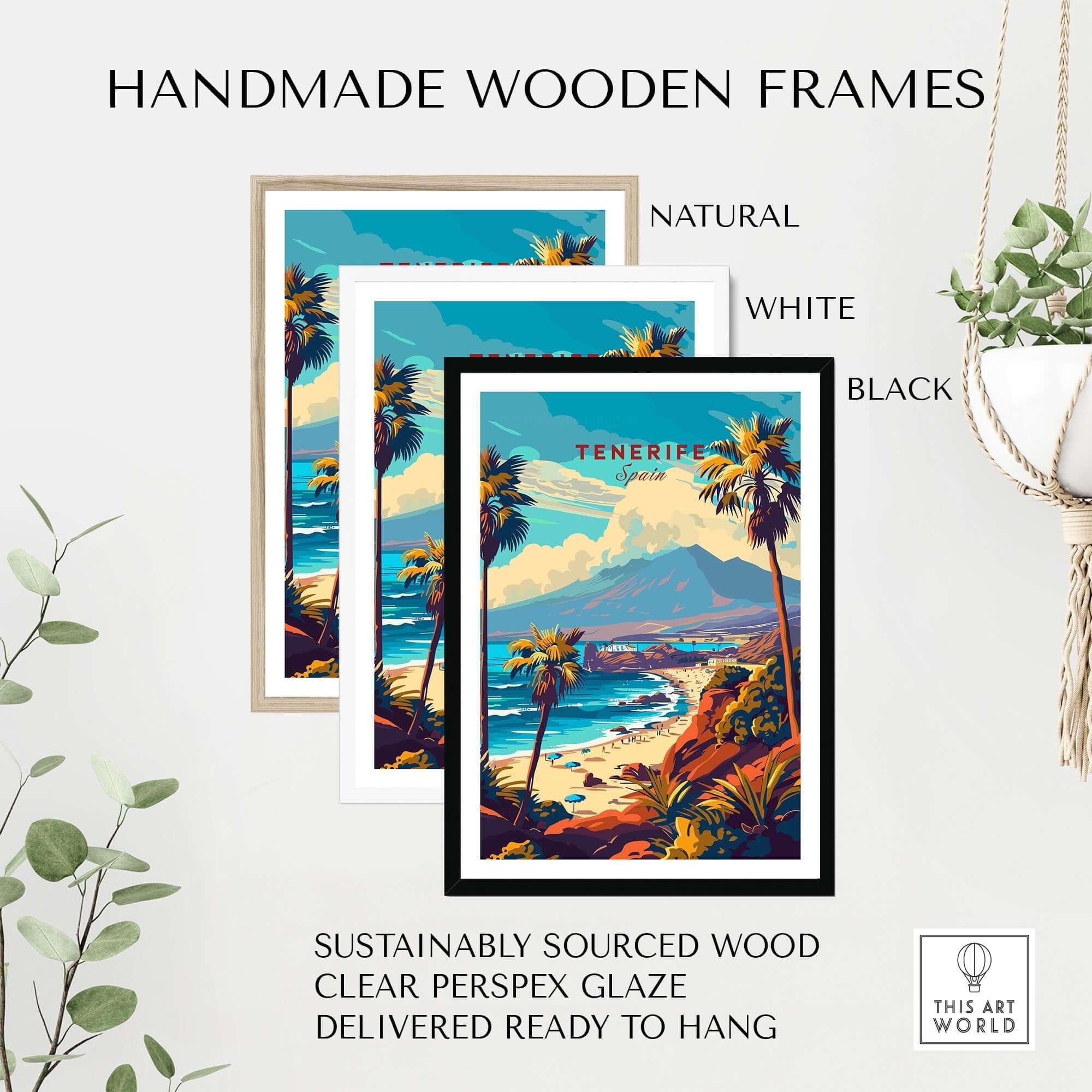 Handmade wooden frames for Tenerife Print - Canary Islands in natural, white, and black. Sustainable and ready to hang.