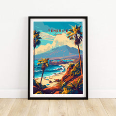 Tenerife Print - Canary Islands depicting a scenic beach landscape in Spain with palm trees and mountains.