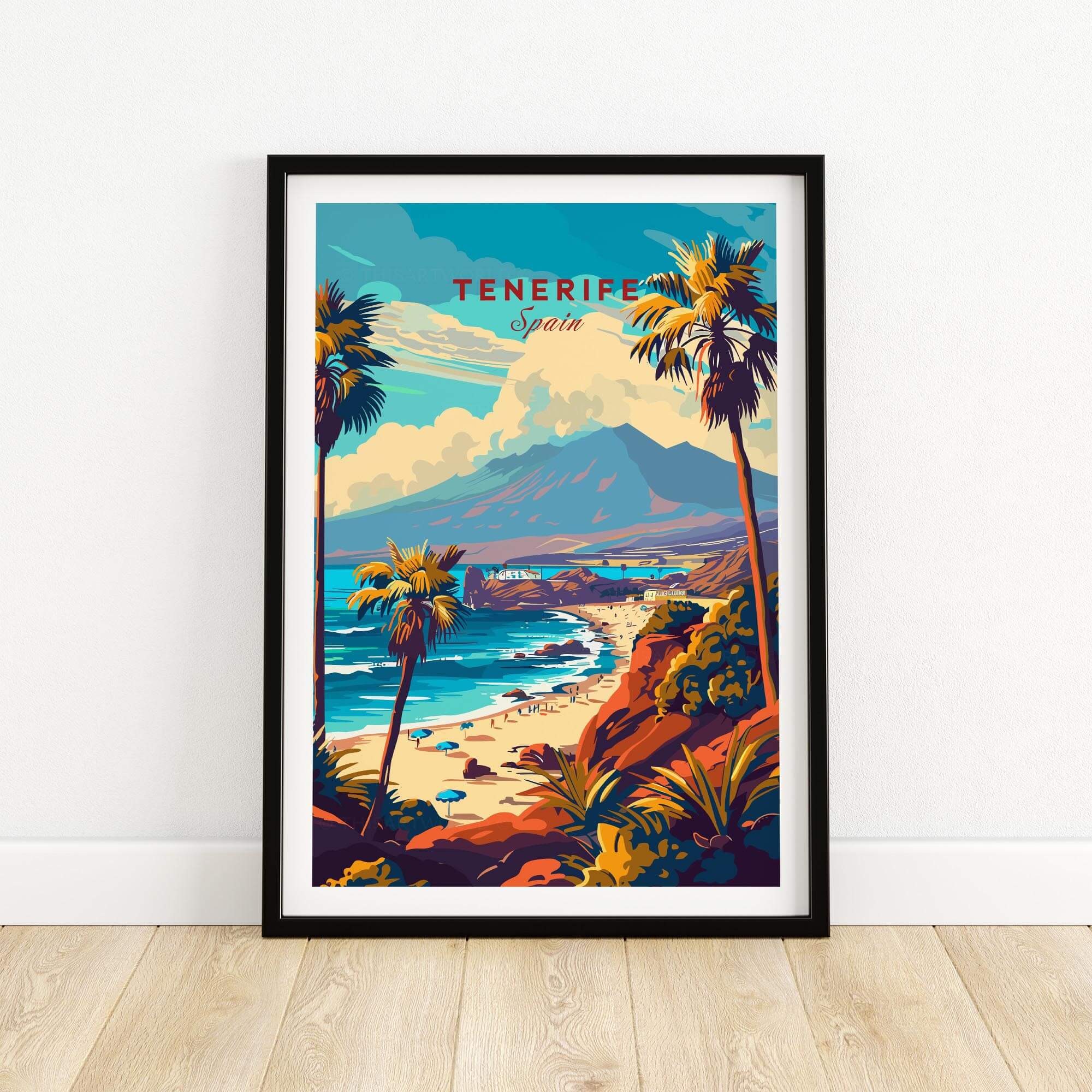 Tenerife Print - Canary Islands depicting a scenic beach landscape in Spain with palm trees and mountains.