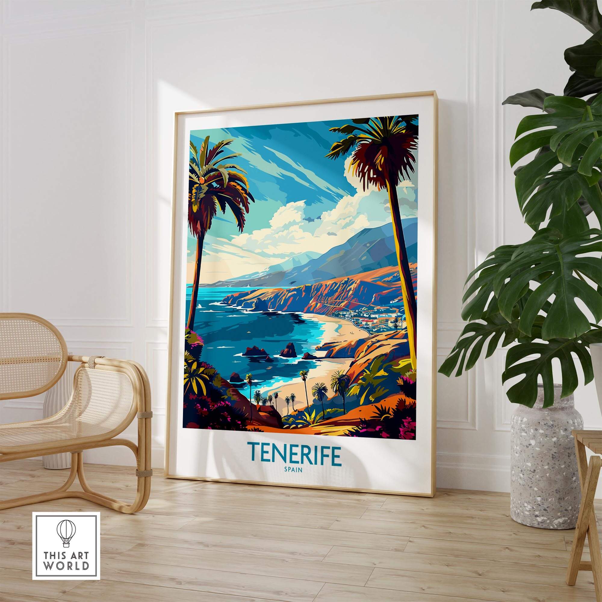 Tenerife Travel Poster - Canary Islands showcasing vibrant coastal landscapes and palm trees in a stylish interior setting.