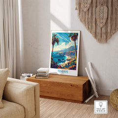 Tenerife Travel Poster - Canary Islands art print displayed in a cozy living room setting.