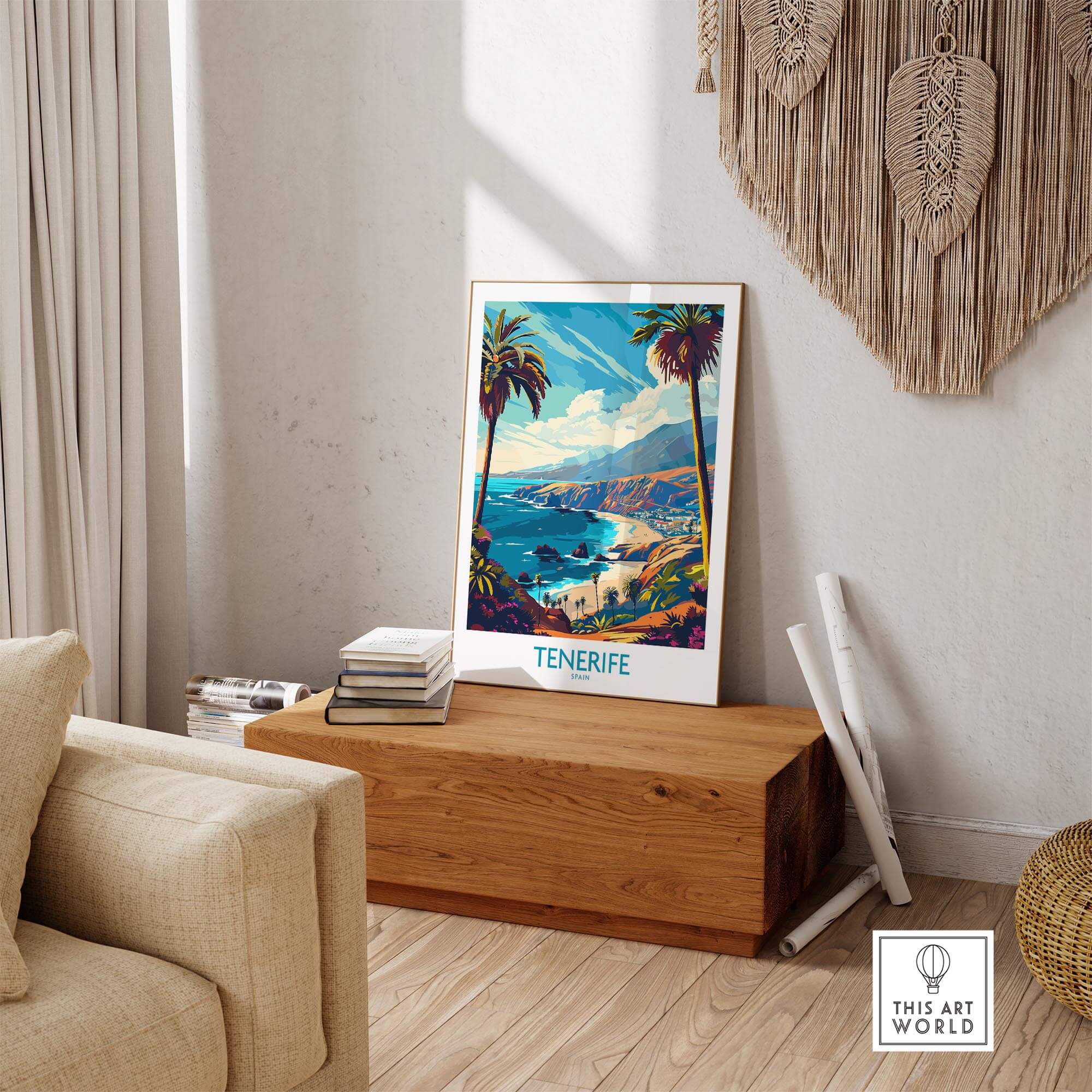 Tenerife Travel Poster - Canary Islands art print displayed in a cozy living room setting.