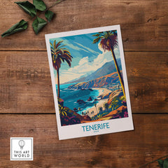 Tenerife Travel Poster - Canary Islands featuring vibrant coastal scenery and palm trees.