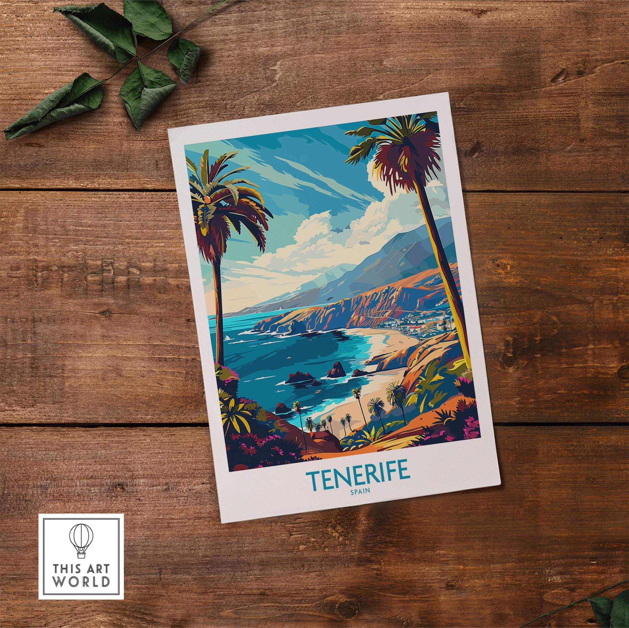 Tenerife Travel Poster - Canary Islands featuring vibrant coastal scenery and palm trees.