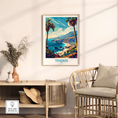 Tenerife Travel Poster - Canary Islands, showcasing vibrant landscapes and palm trees in a stylish interior setting.