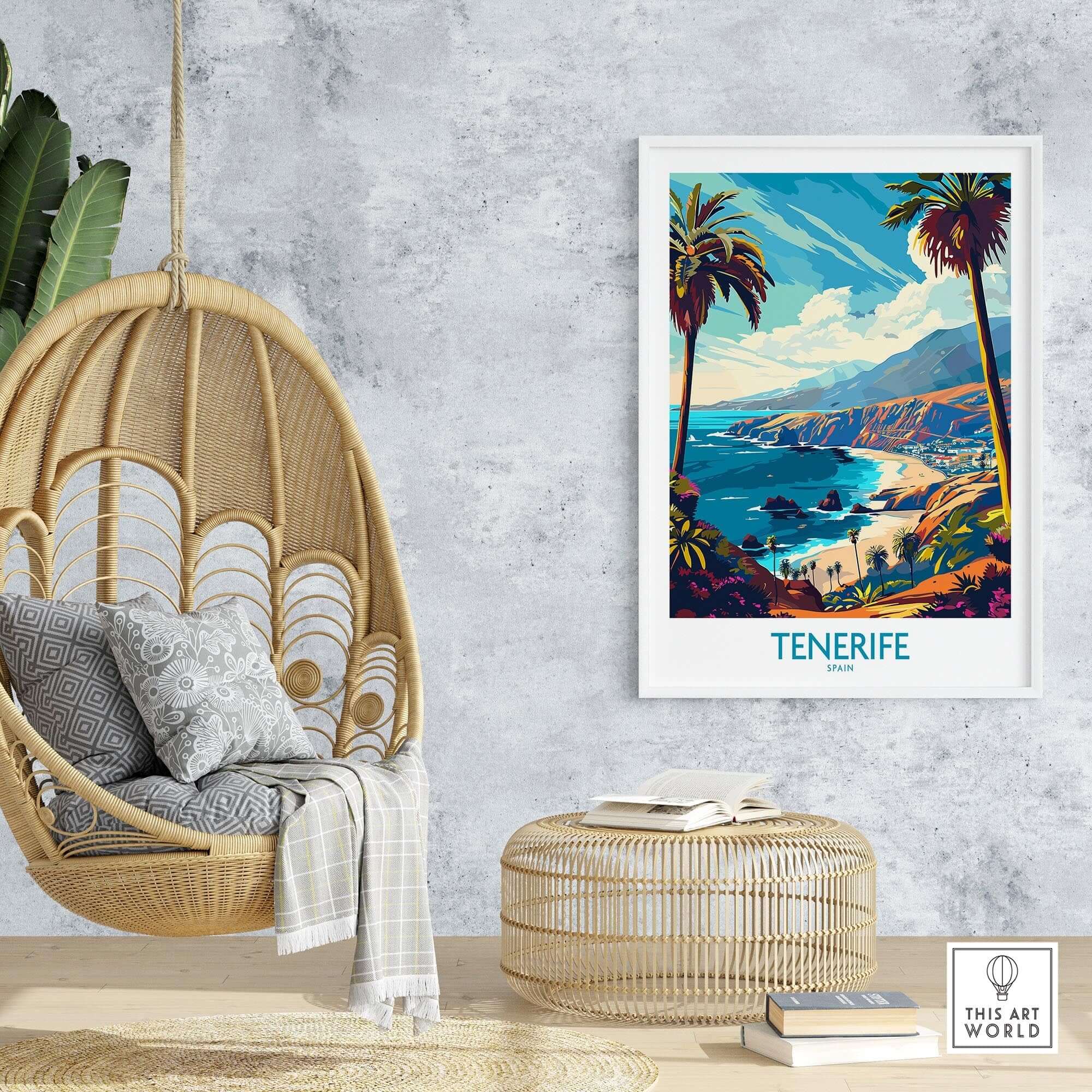 Tenerife Travel Poster - Canary Islands in a stylish interior setting with tropical decor.