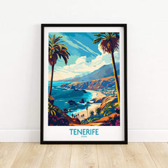 Tenerife Travel Poster - Canary Islands showcasing beautiful coastal scenery and palm trees.