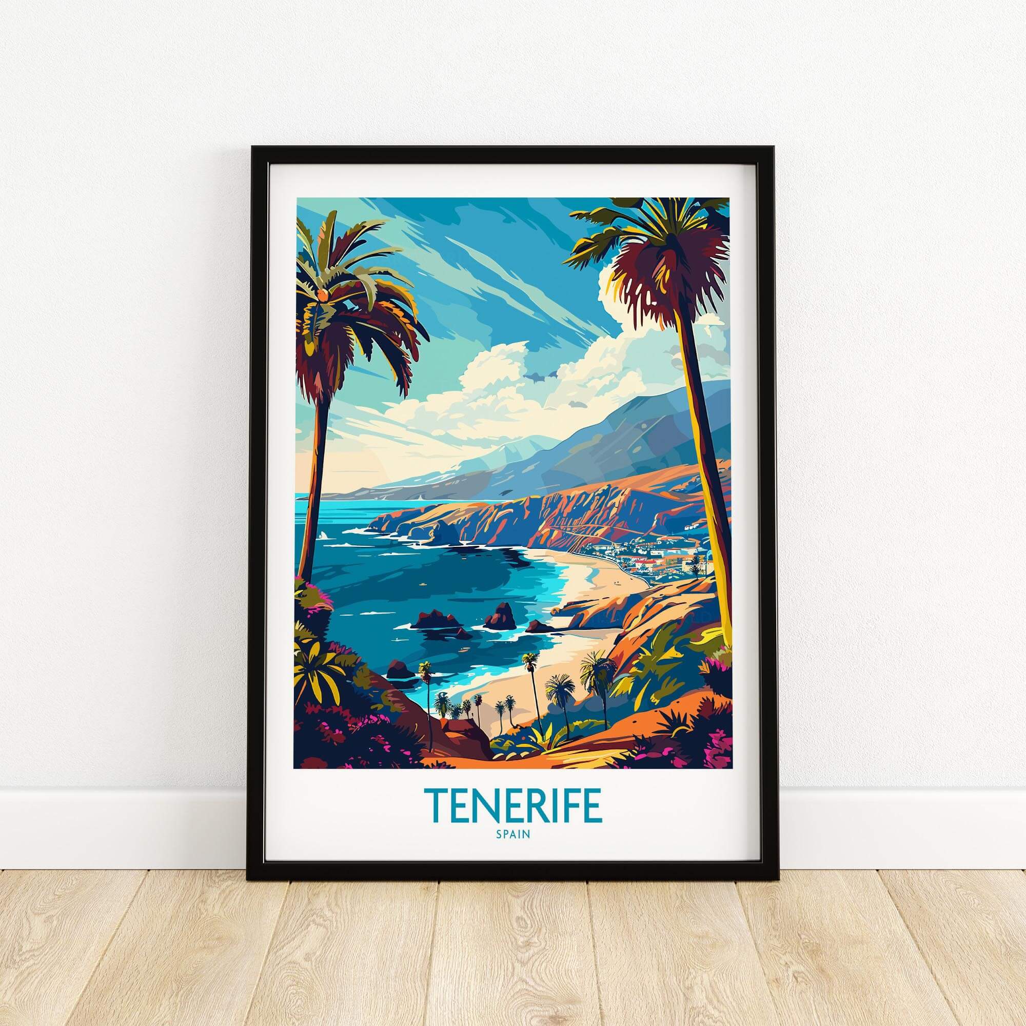 Tenerife Travel Poster - Canary Islands showcasing beautiful coastal scenery and palm trees.