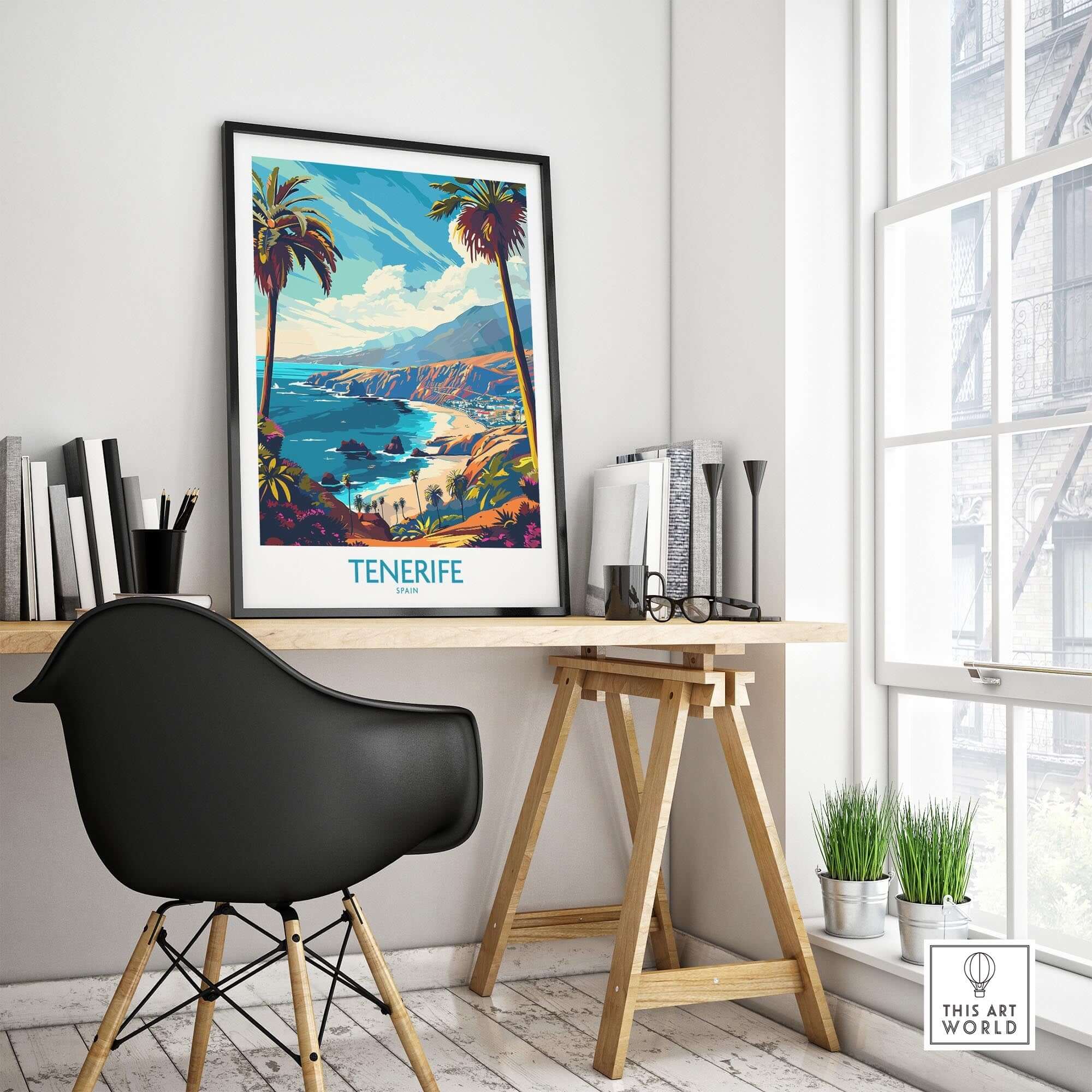 Tenerife Travel Poster - Canary Islands displayed in a modern home office with a scenic design.