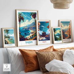 Tenerife Travel Poster - Canary Islands displayed among other travel art prints on a modern wall.