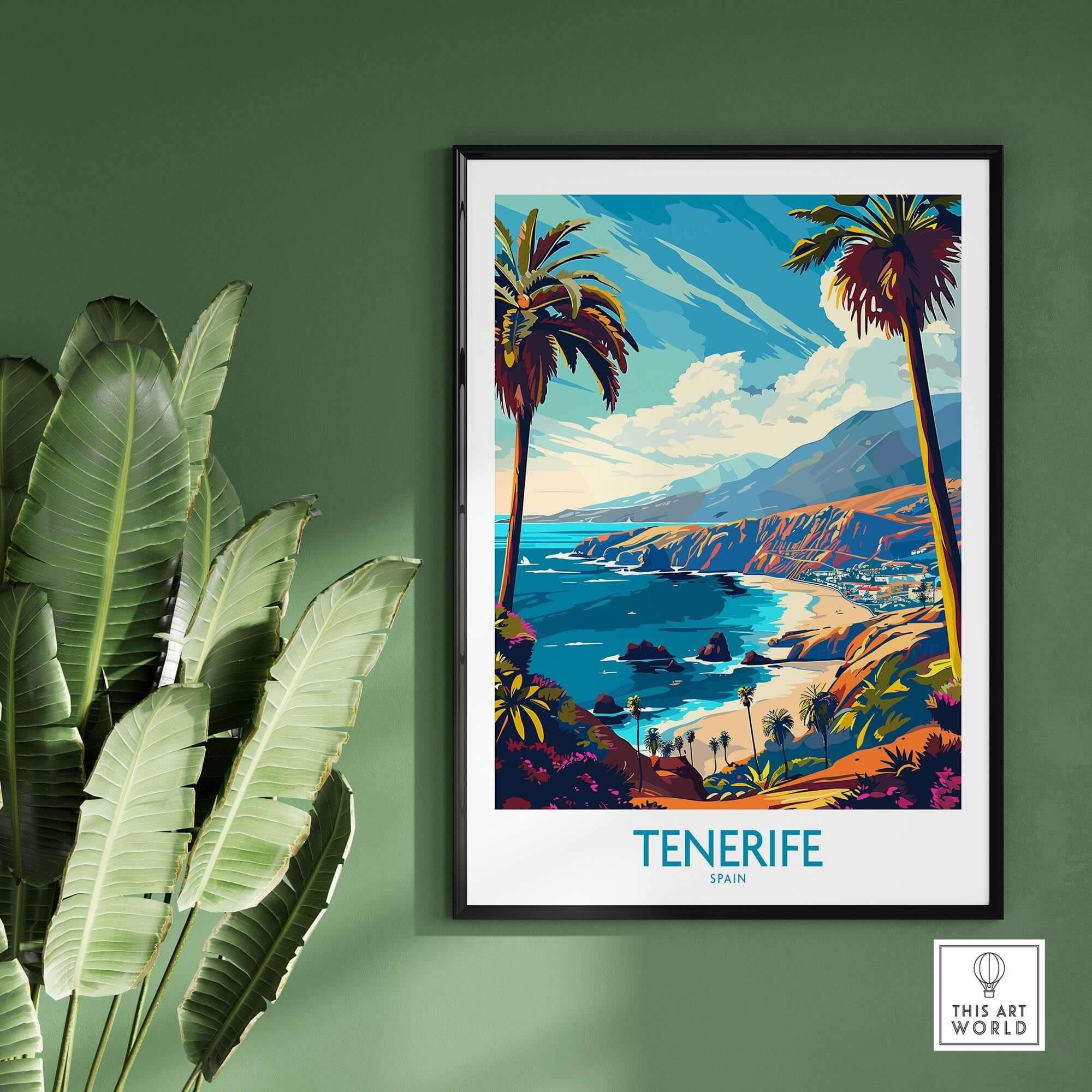 Tenerife Travel Poster - Canary Islands in a tropical setting with palm trees and a beach landscape.