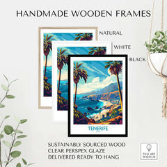 Tenerife Travel Poster - Canary Islands displayed in handmade wooden frames in natural, white, and black finishes.