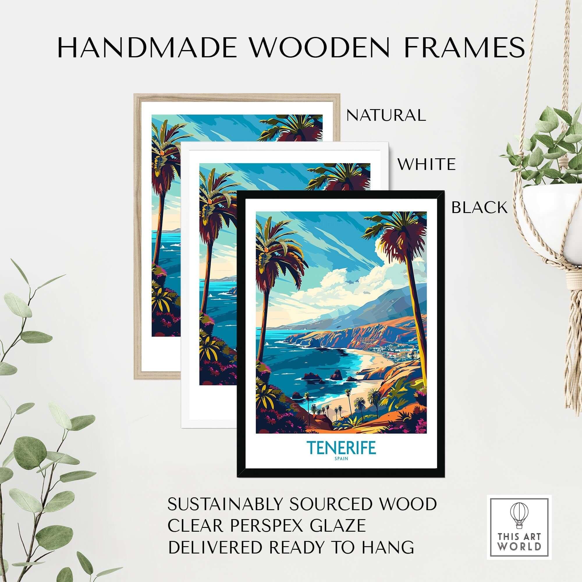 Tenerife Travel Poster - Canary Islands displayed in handmade wooden frames in natural, white, and black finishes.