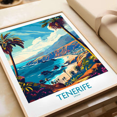 Tenerife Travel Poster - Canary Islands featuring vibrant coastal scenery and palm trees, representing the beauty of Tenerife.