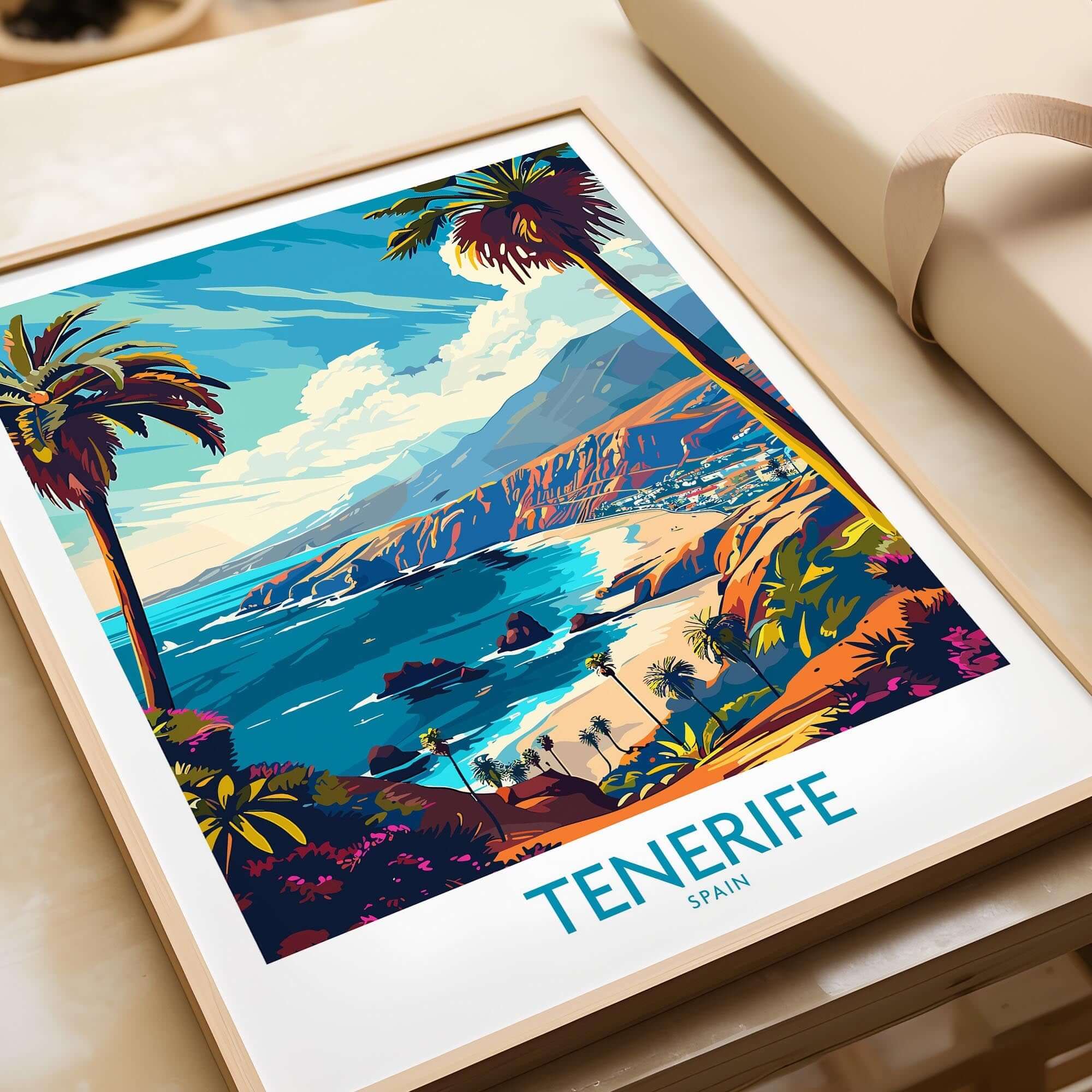 Tenerife Travel Poster - Canary Islands featuring vibrant coastal scenery and palm trees, representing the beauty of Tenerife.