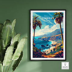 Tenerife Travel Print - Canary Islands featuring vibrant landscapes and tropical scenery on a green wall.