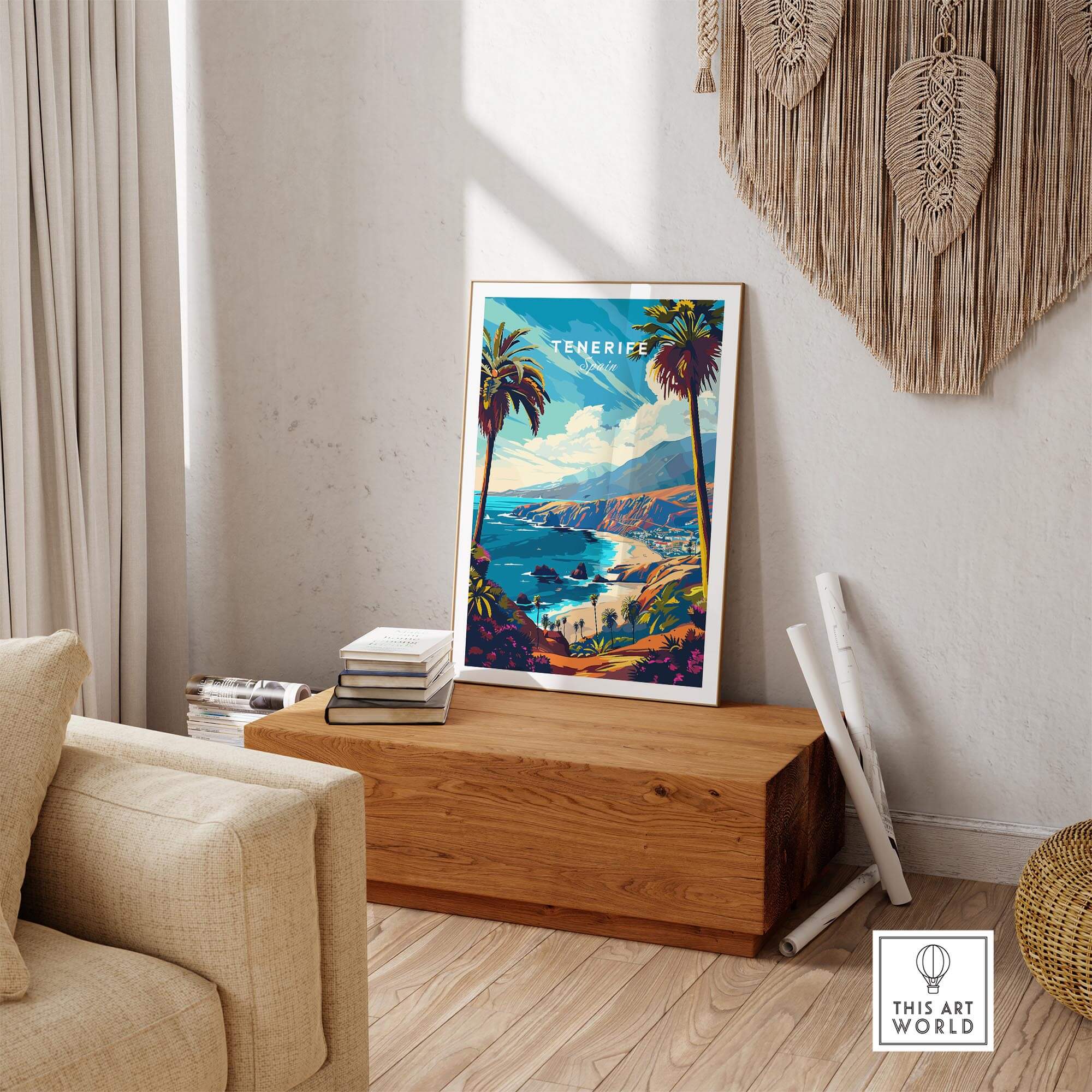 Tenerife Travel Print - Canary Islands vibrant wall art featuring beaches and palm trees.