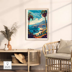 Tenerife Travel Print - Canary Islands wall art featuring beautiful coastal scenery and palm trees.