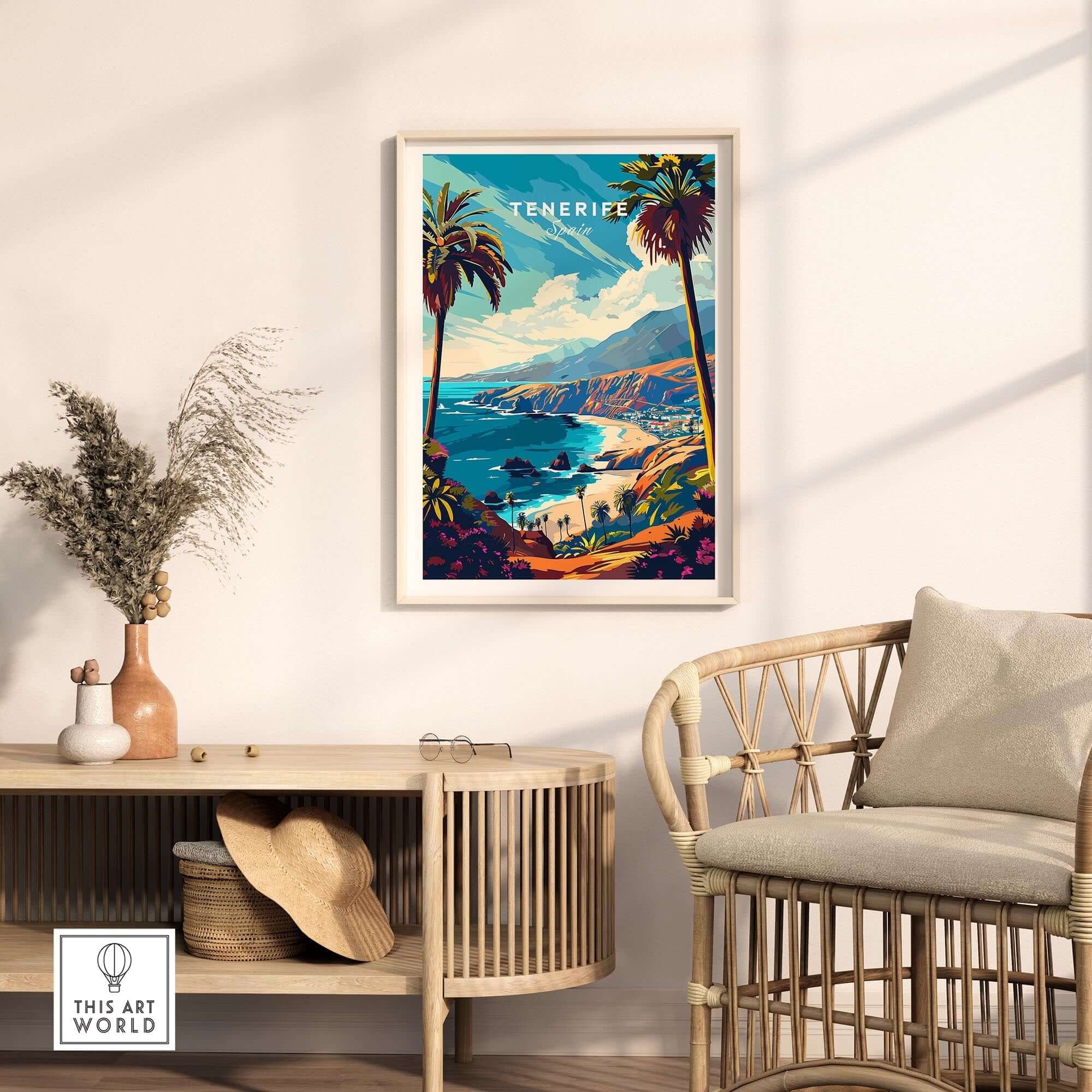 Tenerife Travel Print - Canary Islands wall art featuring beautiful coastal scenery and palm trees.