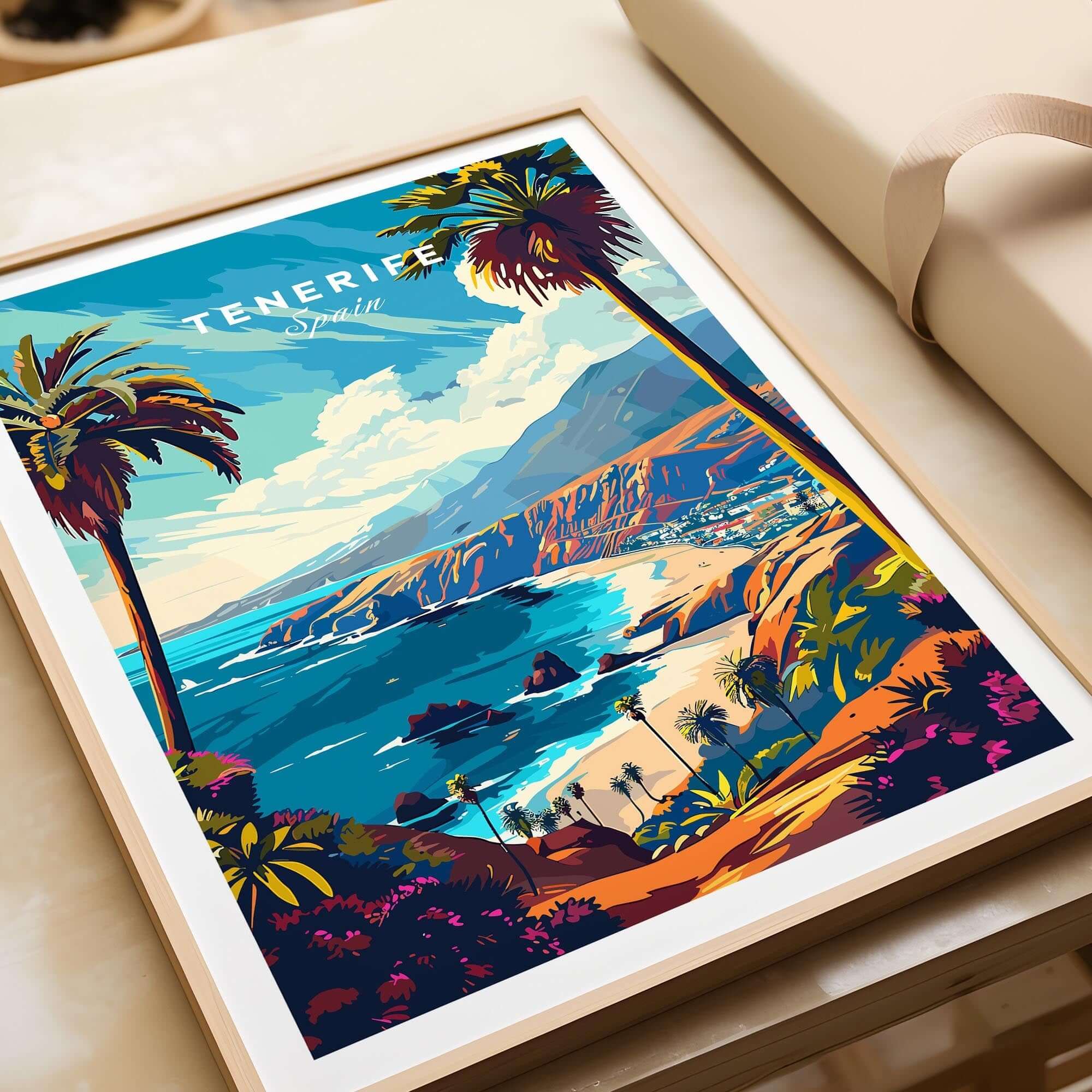 Tenerife Travel Print - Canary Islands capturing stunning coastal scenery with vibrant colors and palm trees.