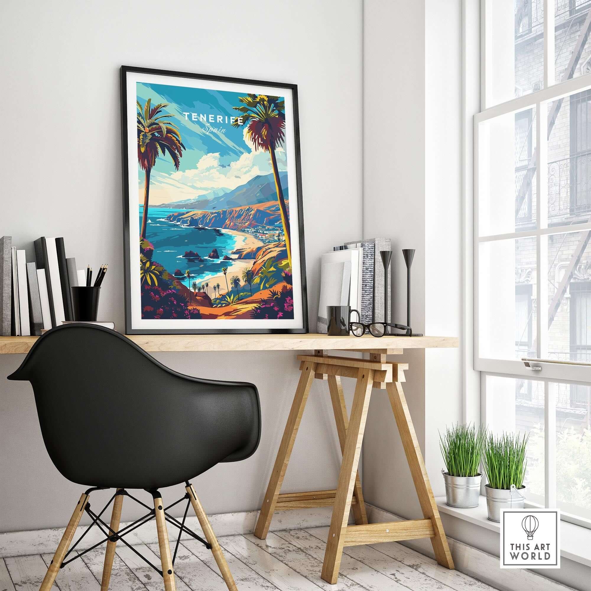 Tenerife Travel Print - Canary Islands displayed in modern interior with desk, plant, and books.