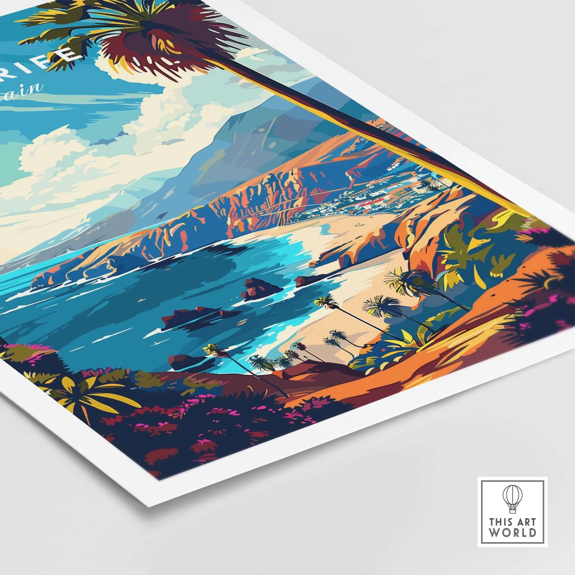 Tenerife Travel Print - Canary Islands vibrant illustration of sandy beaches and palm trees.